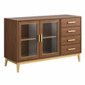 Aparador 120 x 40 x 85 cm de madera color nogal con puertas de cristal y cajones estilo moderno