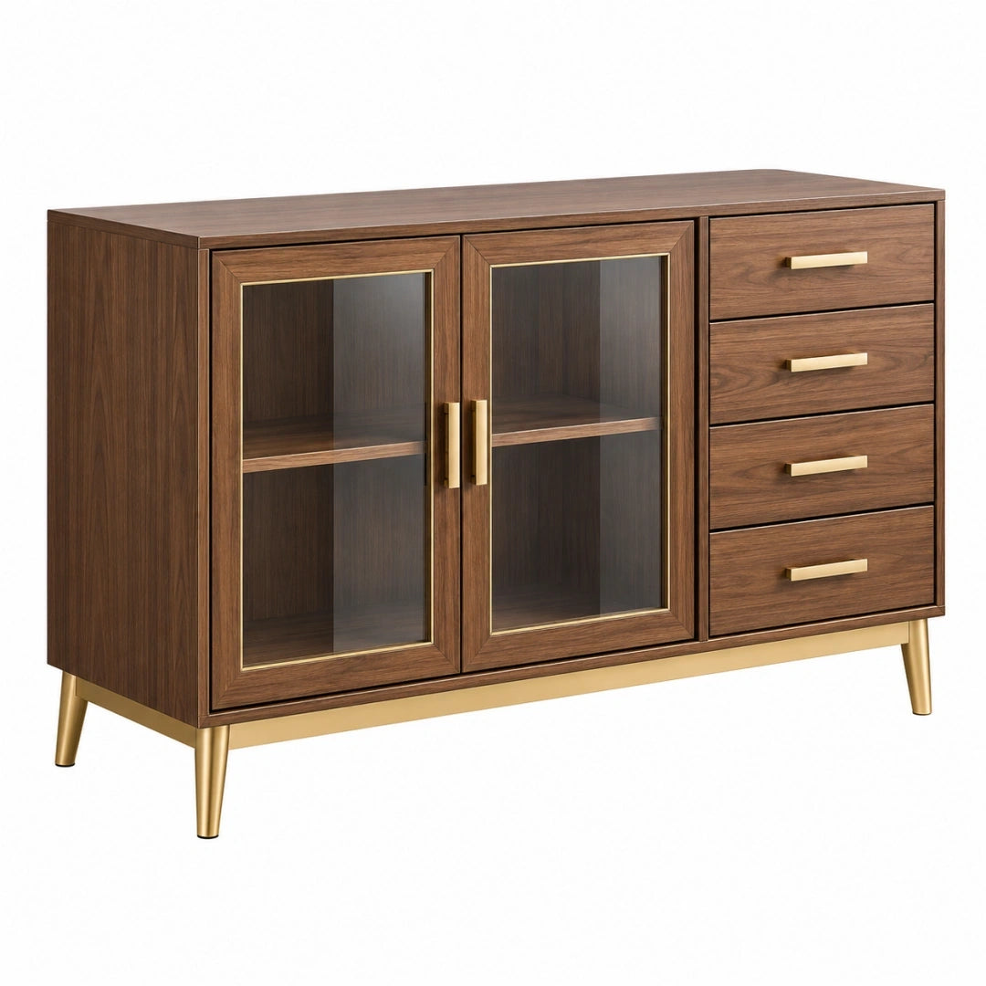 Aparador 120 x 40 x 85 cm de madera color nogal con puertas de cristal y cajones estilo moderno