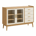 Aparador 140 x 40 x 90 cm de madera beige y blanco con puertas de vidrio acanalado y cajones