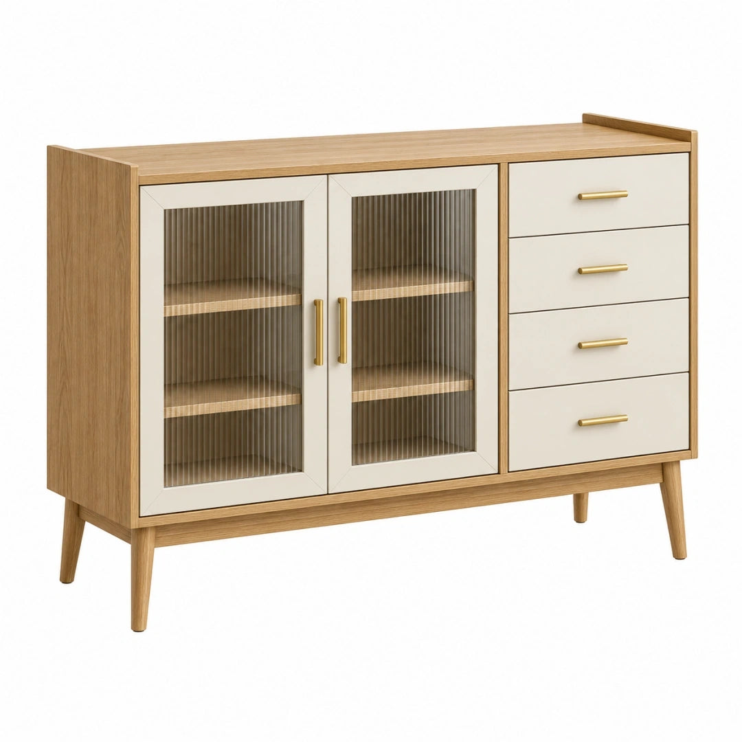 Aparador 140 x 40 x 90 cm de madera beige y blanco con puertas de vidrio acanalado y cajones