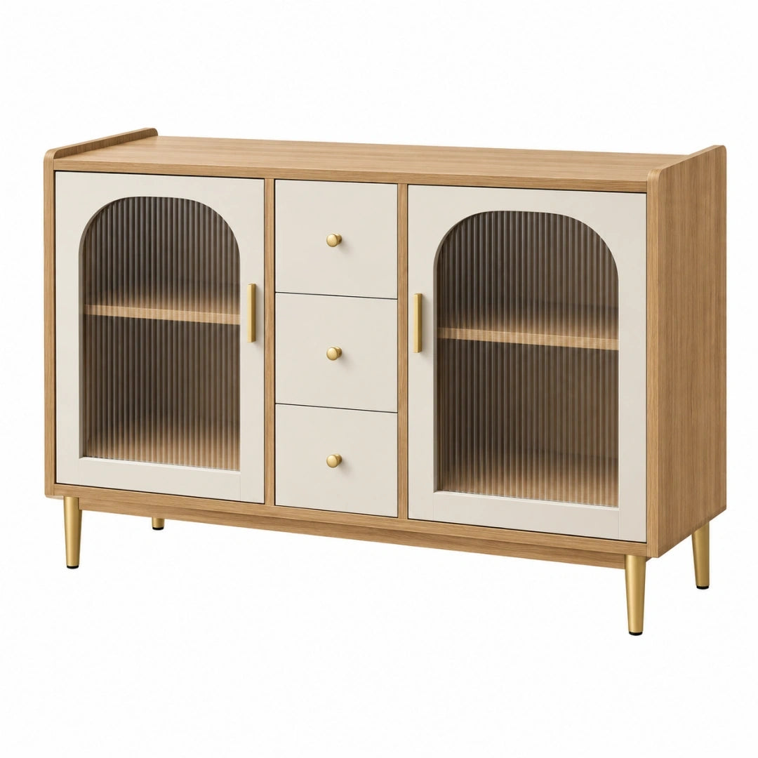 Aparador 120 x 40 x 85 cm de madera beige y natural con puertas de vidrio acanalado y cajones