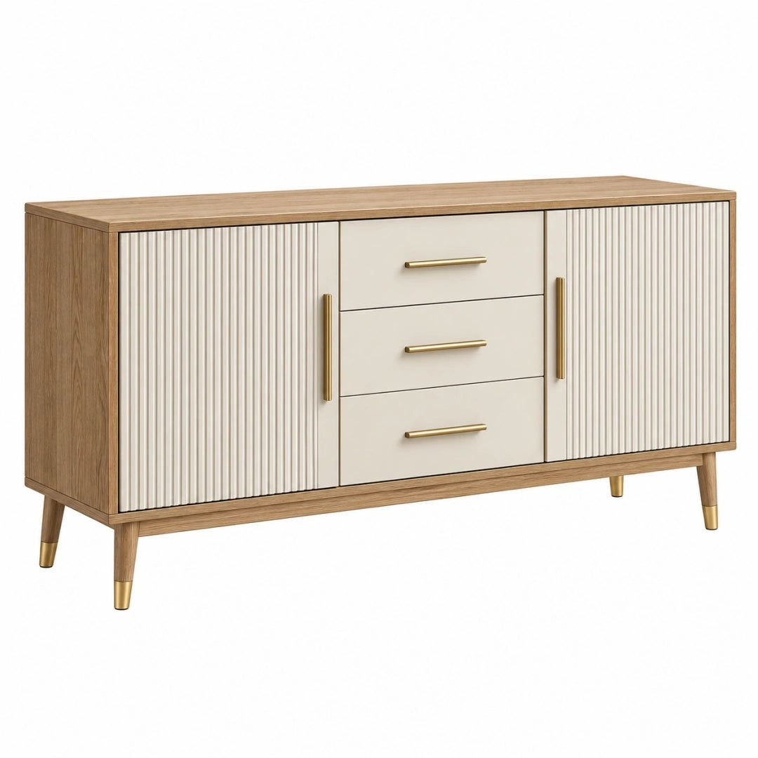 Aparador 150 x 40 x 85 cm de madera beige y marrón con 3 cajones y 2 puertas acanaladas