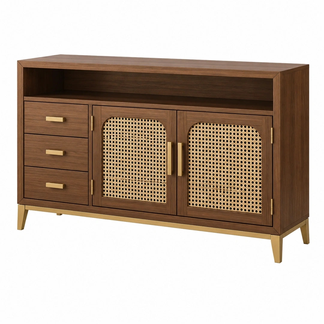 Aparador 120 x 40 x 80 cm de madera marrón con rejilla de ratán y almacenaje