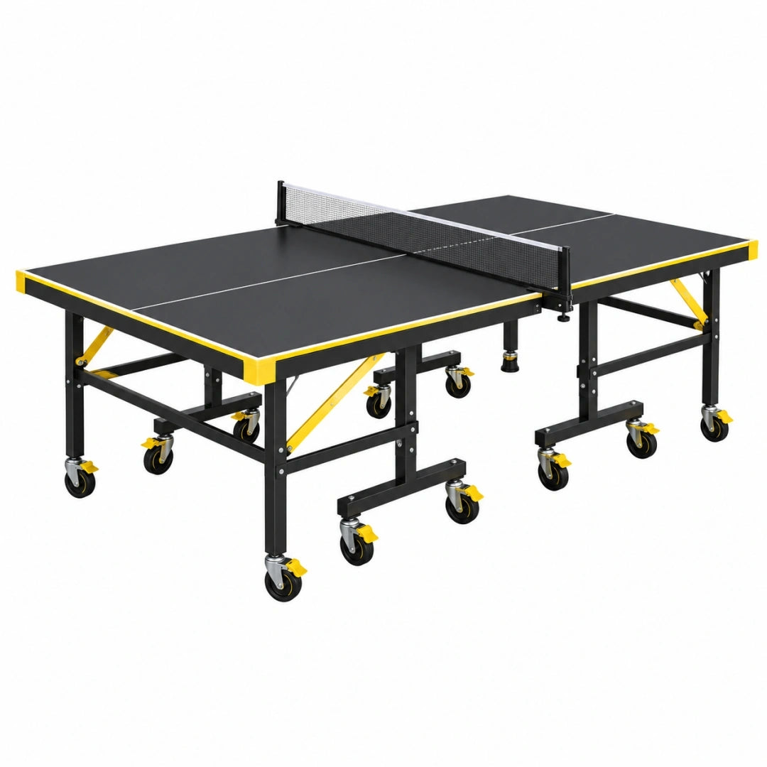 Mesa de tenis de mesa 274 x 152.5 x 76 cm de acero negro y amarillo plegable con ruedas