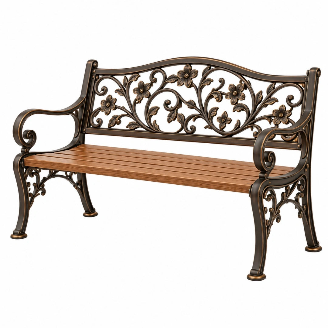 Banco de jardín 120 x 60 x 90 cm de metal y madera marrón bronce con respaldo floral